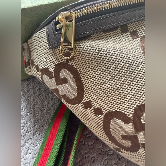 GUCCI Monogram Jumbo GG Textured Dollar Calfskin Web Belt Bag - Picture 5 of 16